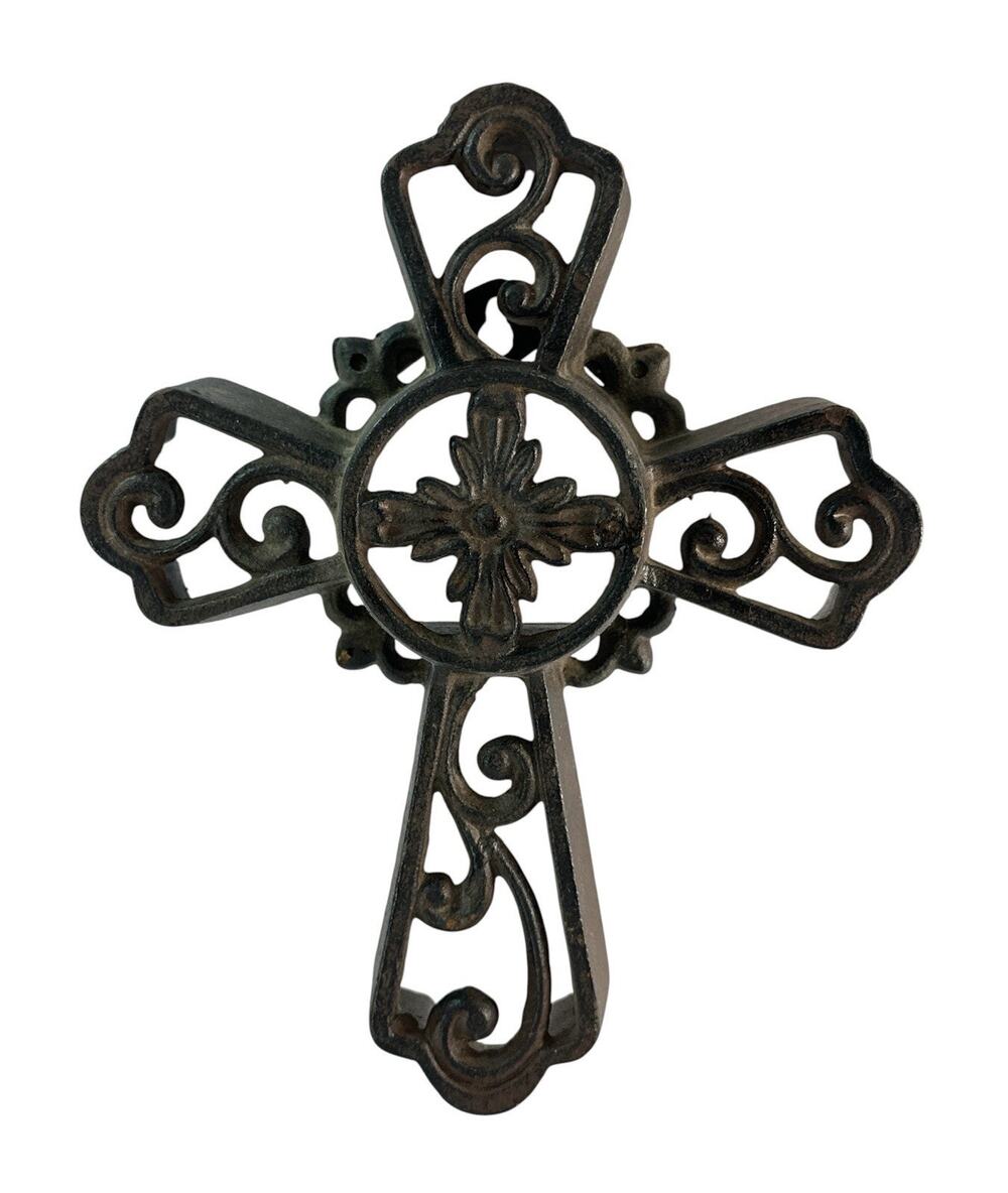 Vintage Cast Iron Cross Wall Hanging Ornate Scrollwork Rustic Religious Decor